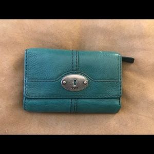 Fossil teal leather tri-fold wallet